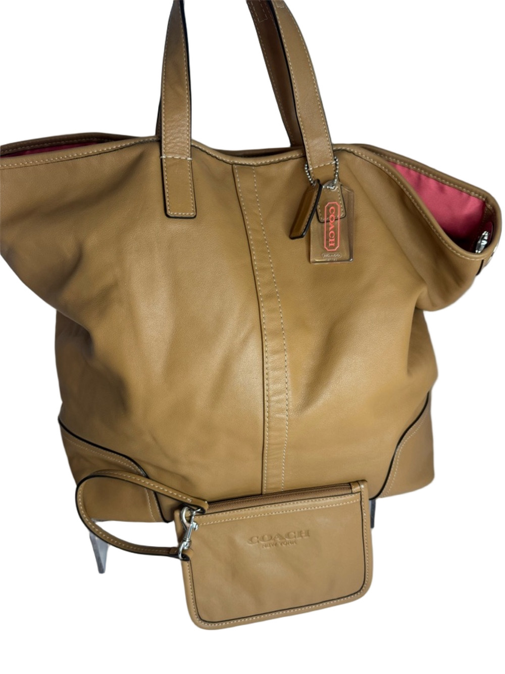 Coach Tan Leather Tote with Pink Interior and Matching Wristlet